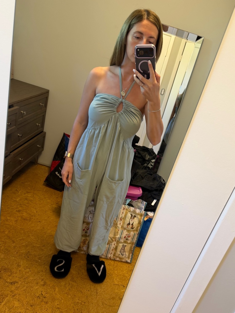 Luvani Halter Jumpsuit in Sage Green